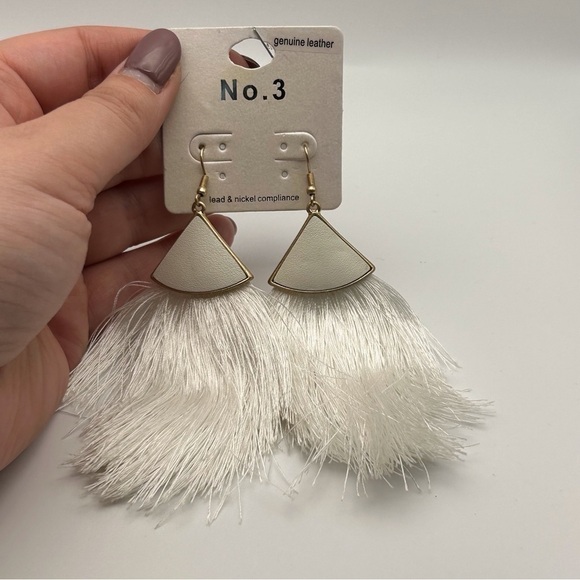 No. 3 White Genuine Leather Dangle Large Tassel Earrings Gold Tone Hook - Picture 2 of 5